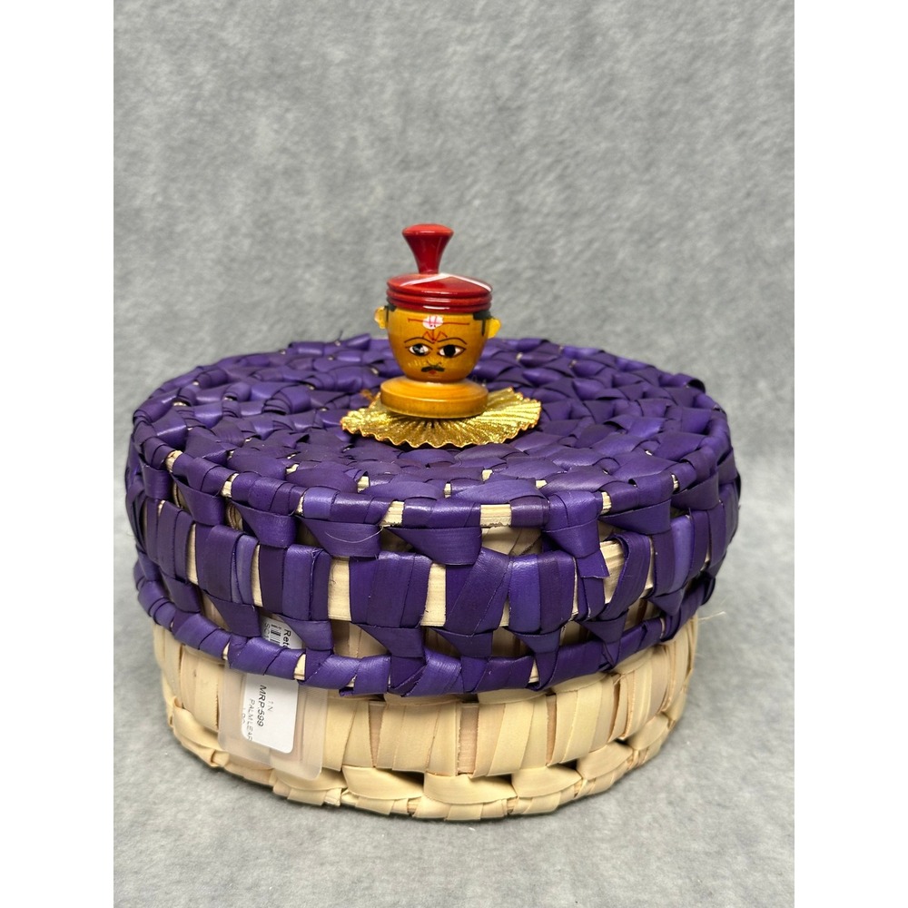 Palm Leaf Basket Purple Natural Woven Lidded Box with Figurine Finial Handcraft